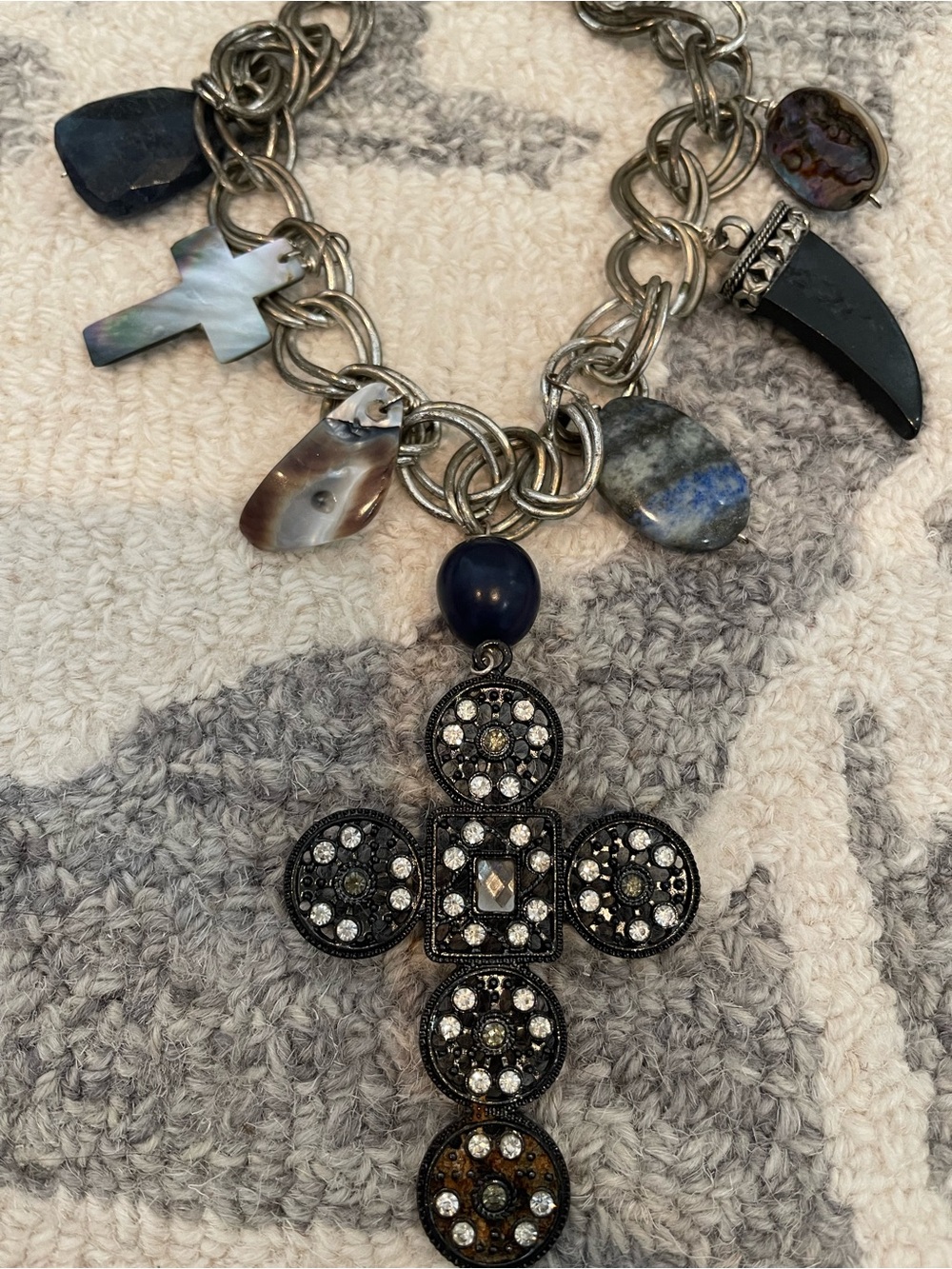 Beaded Cross Charm Statement Necklace - Black & Silver